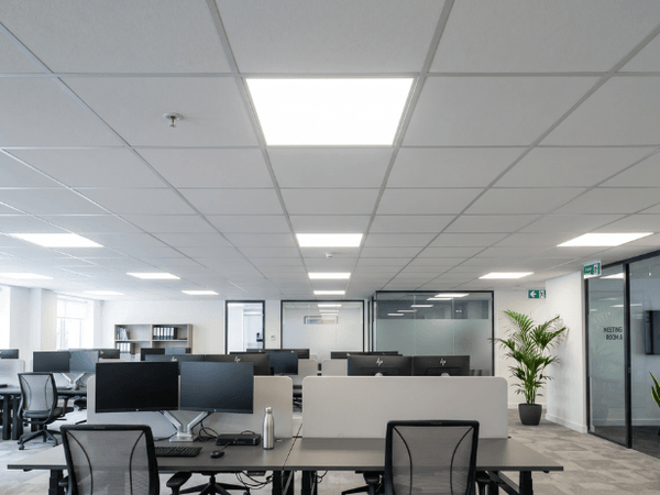 Square LED Panel lights installed in a grid ceiling in a large, open plan office with desks and computers