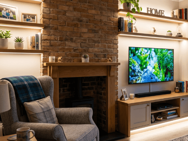 LED strip lights installed below wall shelves either side of a brick chimney breast in a living room 