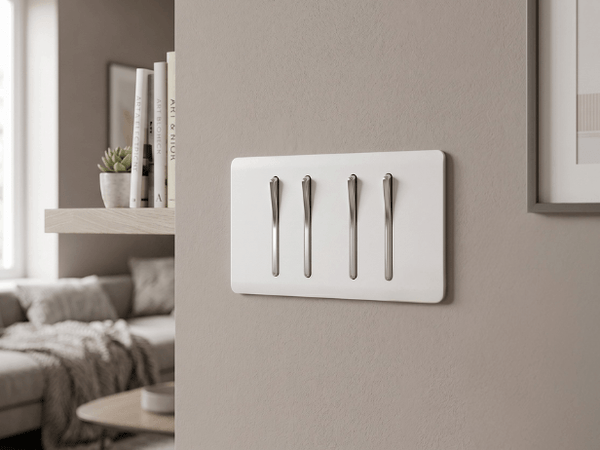 trendi four way white switch mounted on wall in a living room and a mocha wall colour