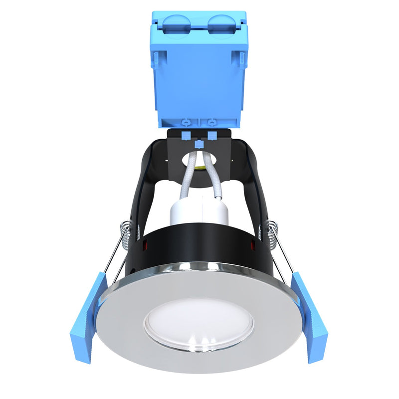 
full shot of a chrome fire-rated LED downlight
