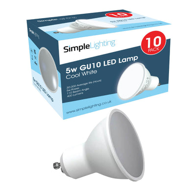 10 Pack x 5w GU10 LED Bulbs, Cool, Warm or Natural White