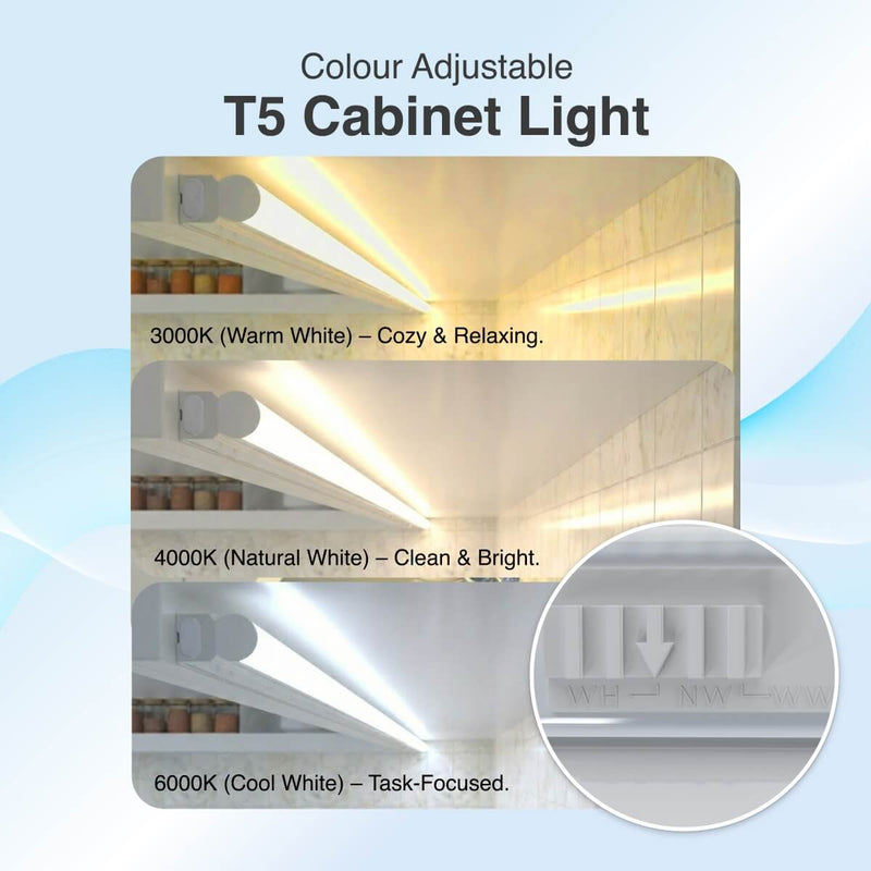 Different colour temperature (warm, natural, and cool white) of the under-cabinet lights with the integrated side switch.