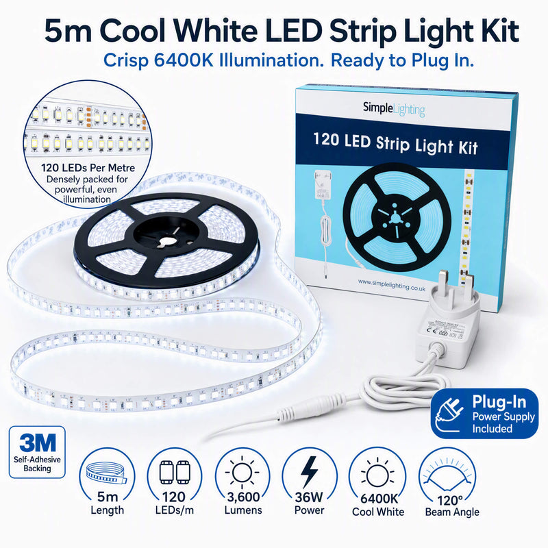 Simple Lighting - 120-5M-64K - Infographics - 5M Cool White LED Strip Light Kit