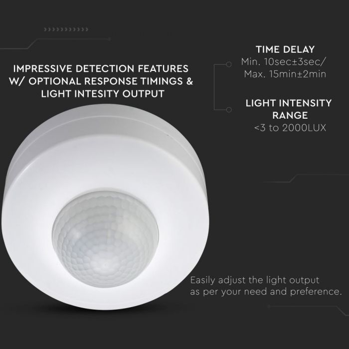 white surface mounted PIR sensor with technical info