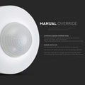 white surface mounted PIR sensor with manual override info