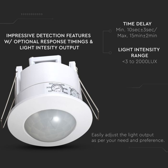 white recessed PIR sensor with technical info