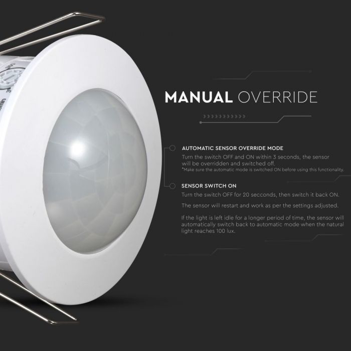white recessed PIR sensor with manual override guide