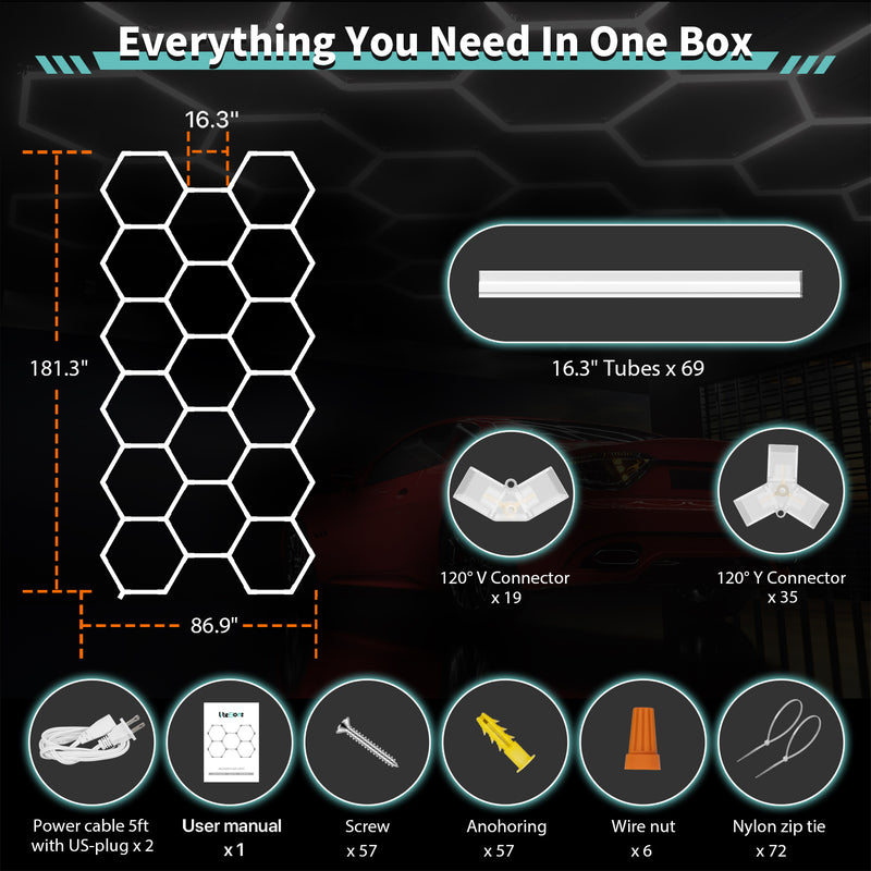 17 x Hexagon LED Light Kit - Cool White, White Finish (Kit Inclusions)