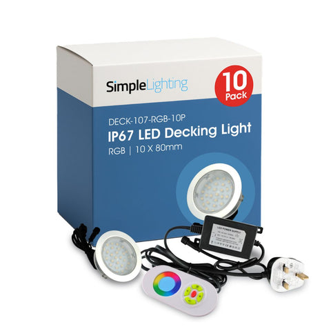 Pack of 10 RGB 80mm LED Decking Lights – IP67, Colour Changing, 12V, with Driver and Controller