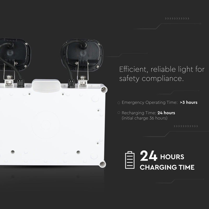 6W LED Emergency Twin Spot (back view) and feature and specs texts on black background