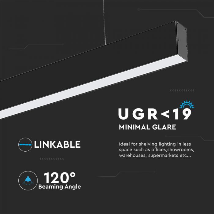 black linear hanging light with technical specifications