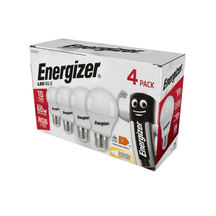 Energizer LED GLS E27 (ES) 806lm 8.5W 3,000K (Warm White), Box of 4