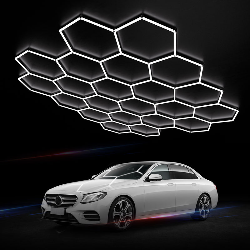 22 x Hexagon LED Light Kit - Cool White, White Finish (Hovering over white sports car)