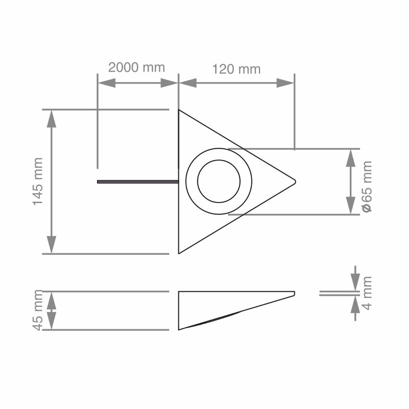 Line Art Dimension of Mains Powered Triangle Under Cabinet Light