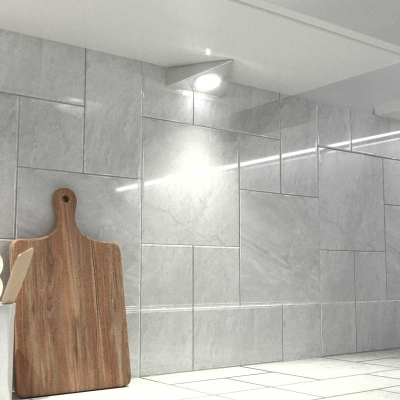 Cool White Clean Tiled Kitchen Chopping Board Under Lighting Cabinet