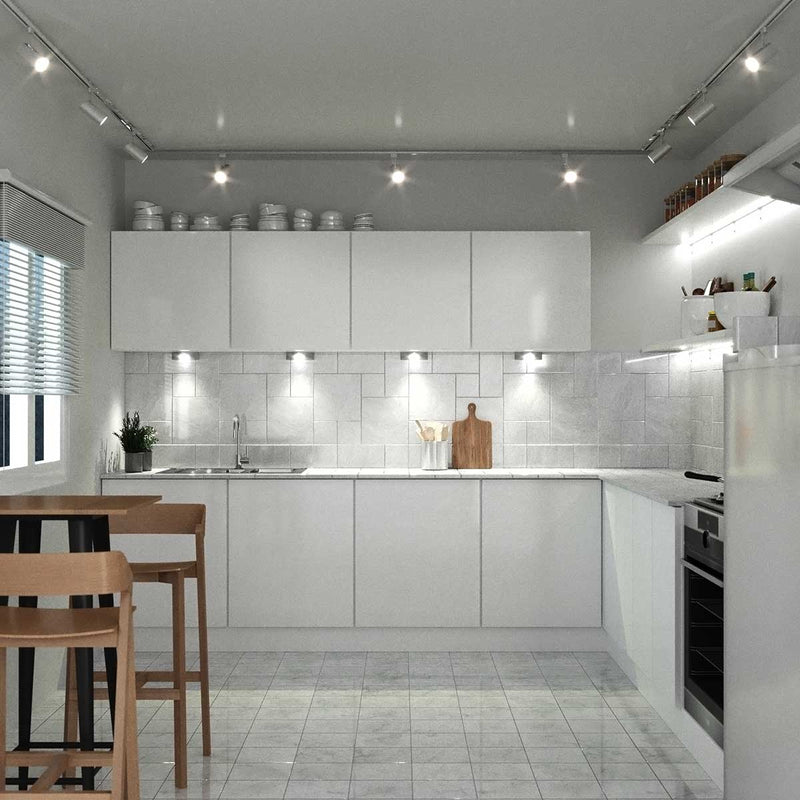 Cool White Modern All White Kitchen with Brushed Chrome Finish Under Cabinet Light