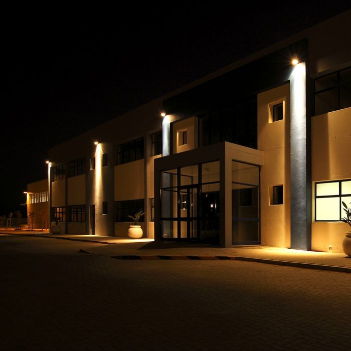 building with mounted 200w LED flood lights