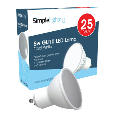 Pack of 25 x 5w GU10 LED Bulbs - Cool, Warm or Natural White