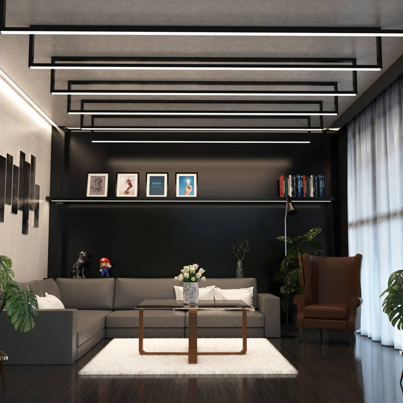 full shot of a living room with mounted black profiles