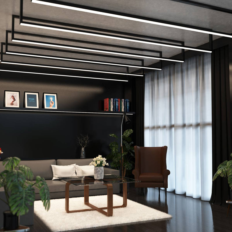 living room with mounted black profiles