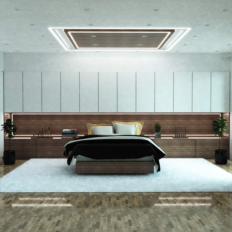 full shot of a bedroom with black surface-mounted LED profiles