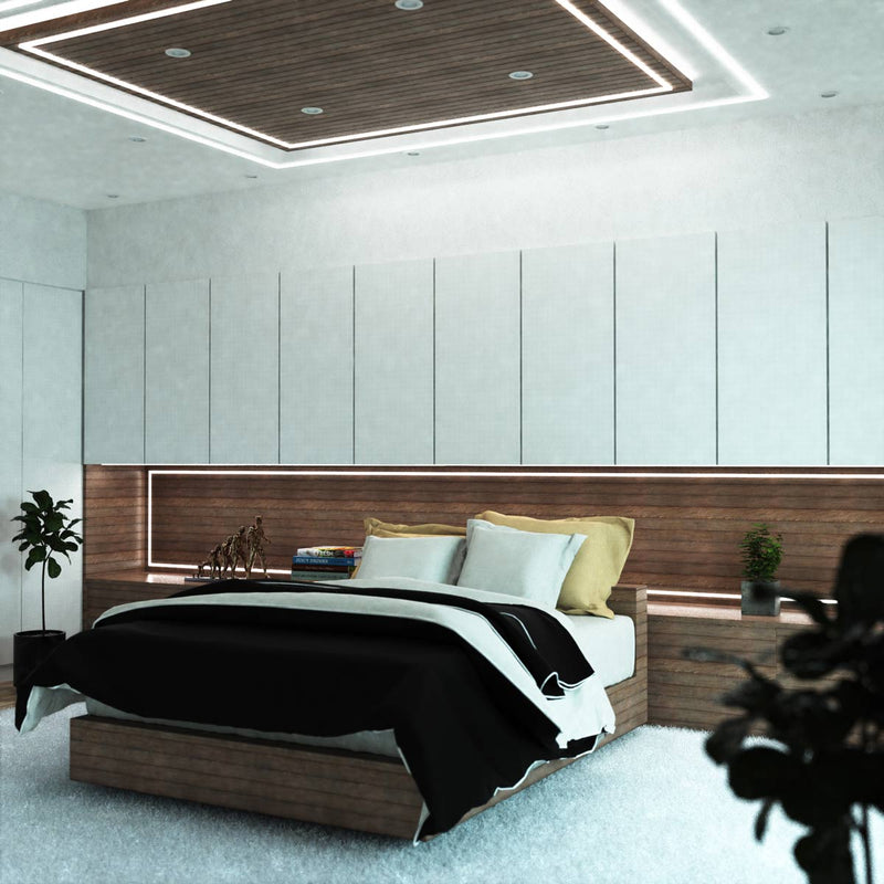 side mid shot of a bedroom with black surface-mounted LED profiles