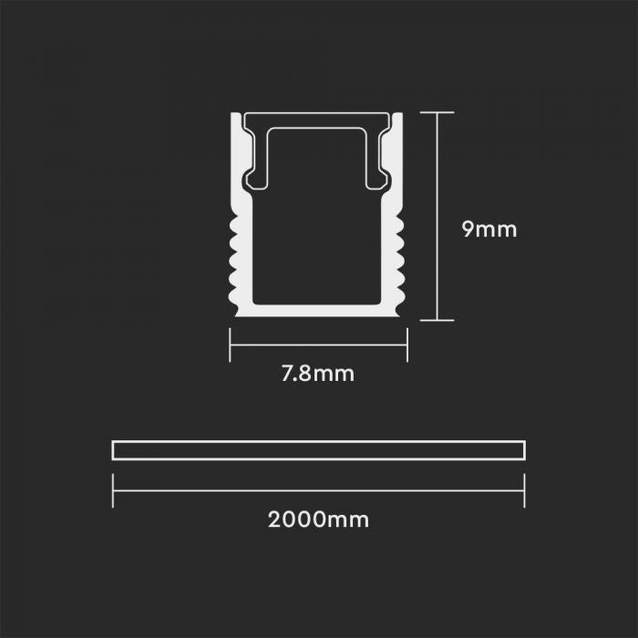 2m Surface Aluminium Channel with Frosted Diffuser - dimensions in black background