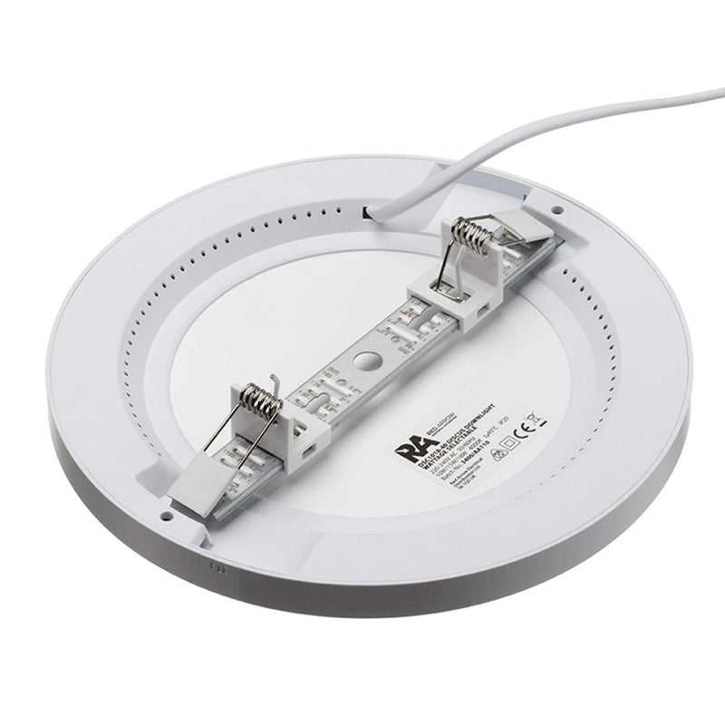Back of Discus LED downlight showing the adjustable bracket with spring-loaded clips and pre-wired cable
