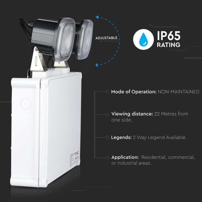 6W LED Emergency Twin Spot (right side view) and feature and specs texts on black background