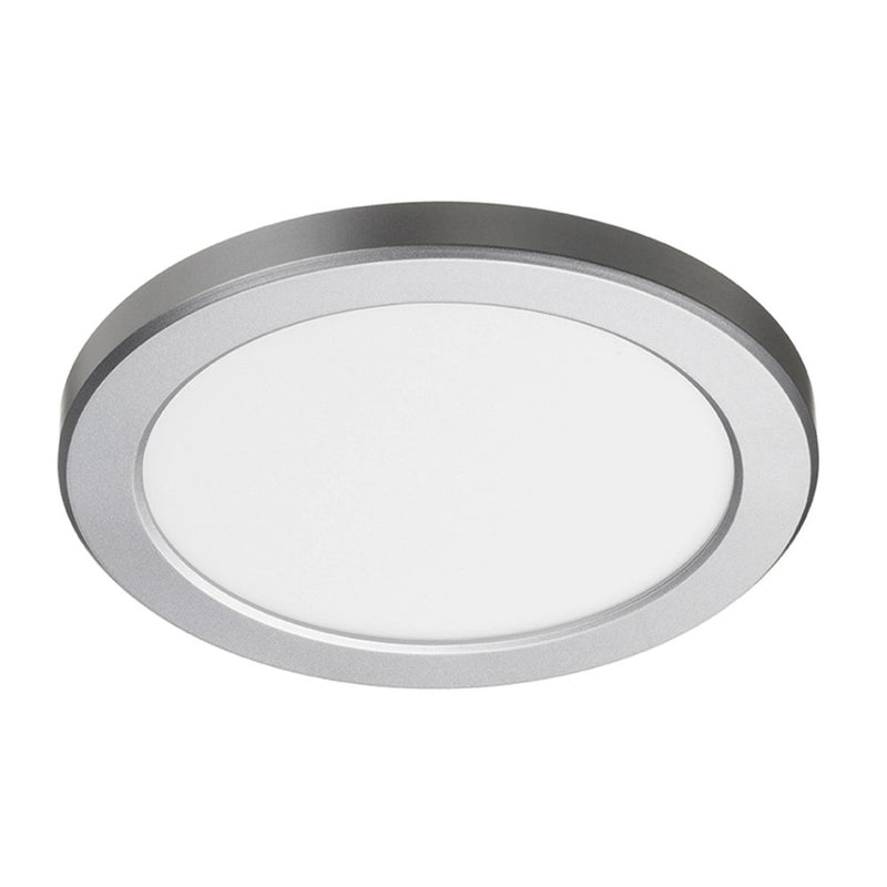 Front view of the silver bezel Discus LED downlight on white background