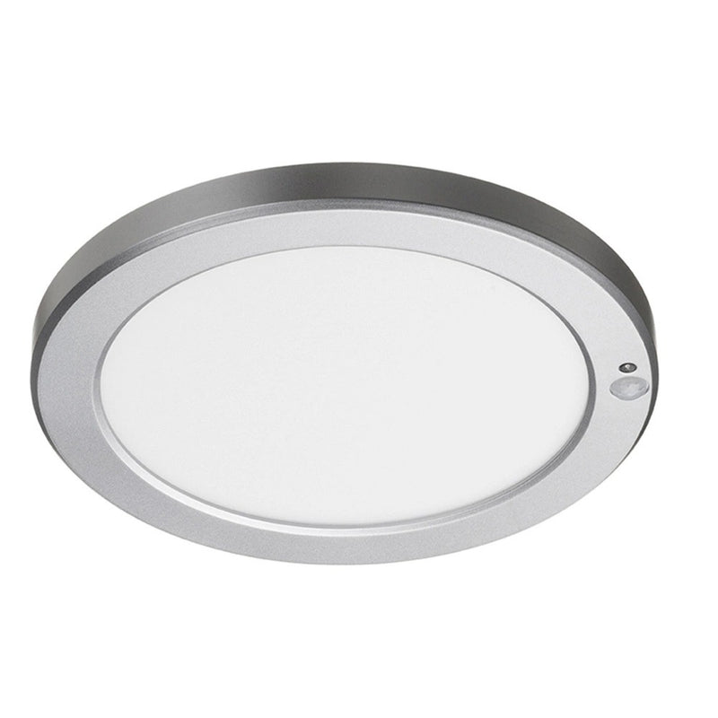 Silver bezel Discus PIR LED Downlights with visible front and side.