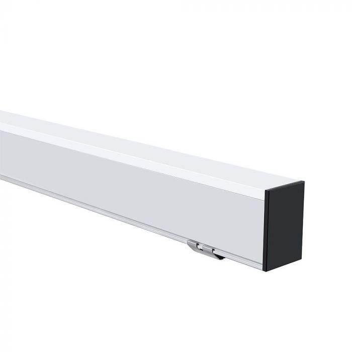 A close-up of the 40W LED Linear Hanging Suspension Light (White) behind a white background