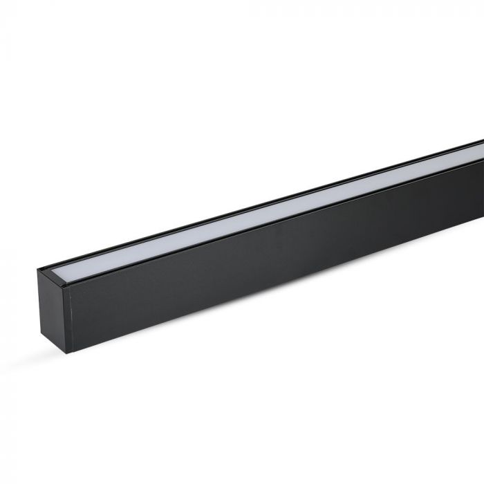 A close up of the 40W LED Linear Hanging Suspension Light (Black) behind white background