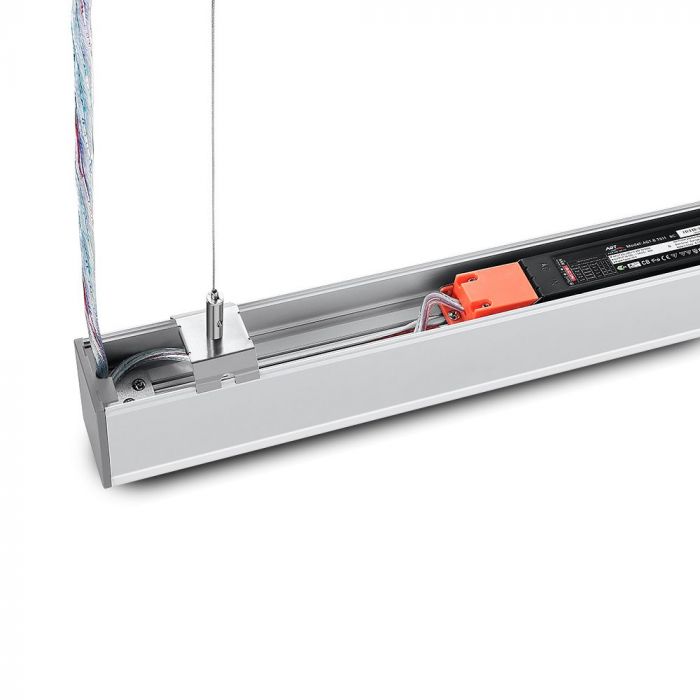 40W LED Linear Hanging Suspension Light (Silver) close up 3 (behind white background).