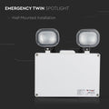 6W LED Emergency Twin Spot (front view) and feature and specs texts on black background