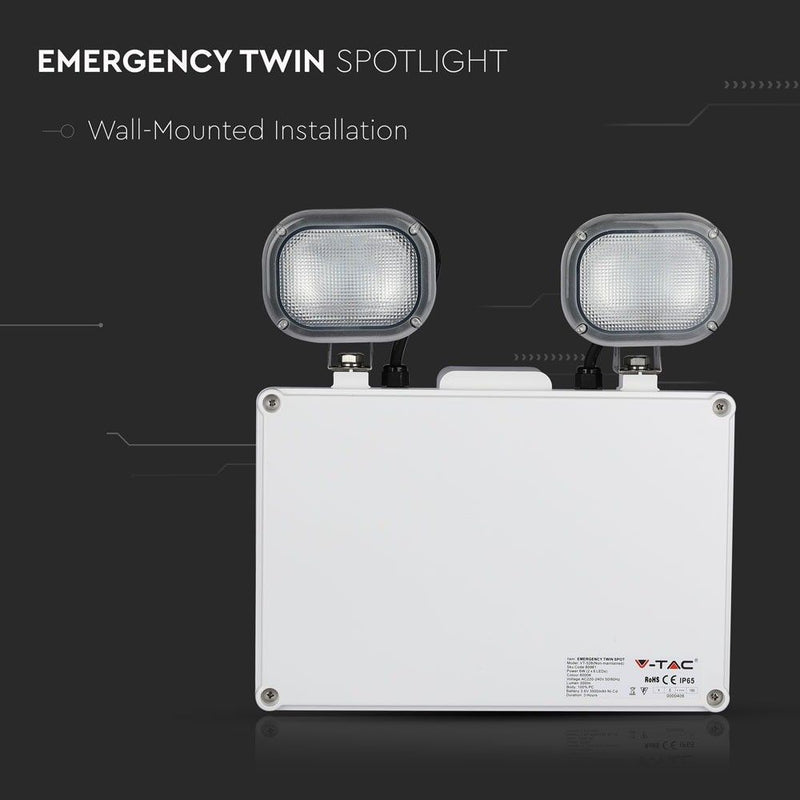6W LED Emergency Twin Spot (front view) and feature and specs texts on black background