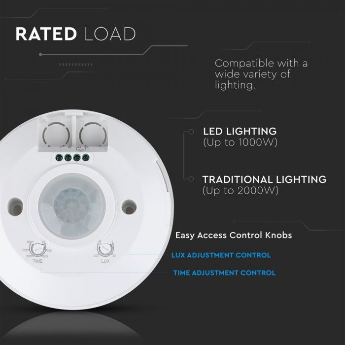 white slimline PIR sensor with technical info