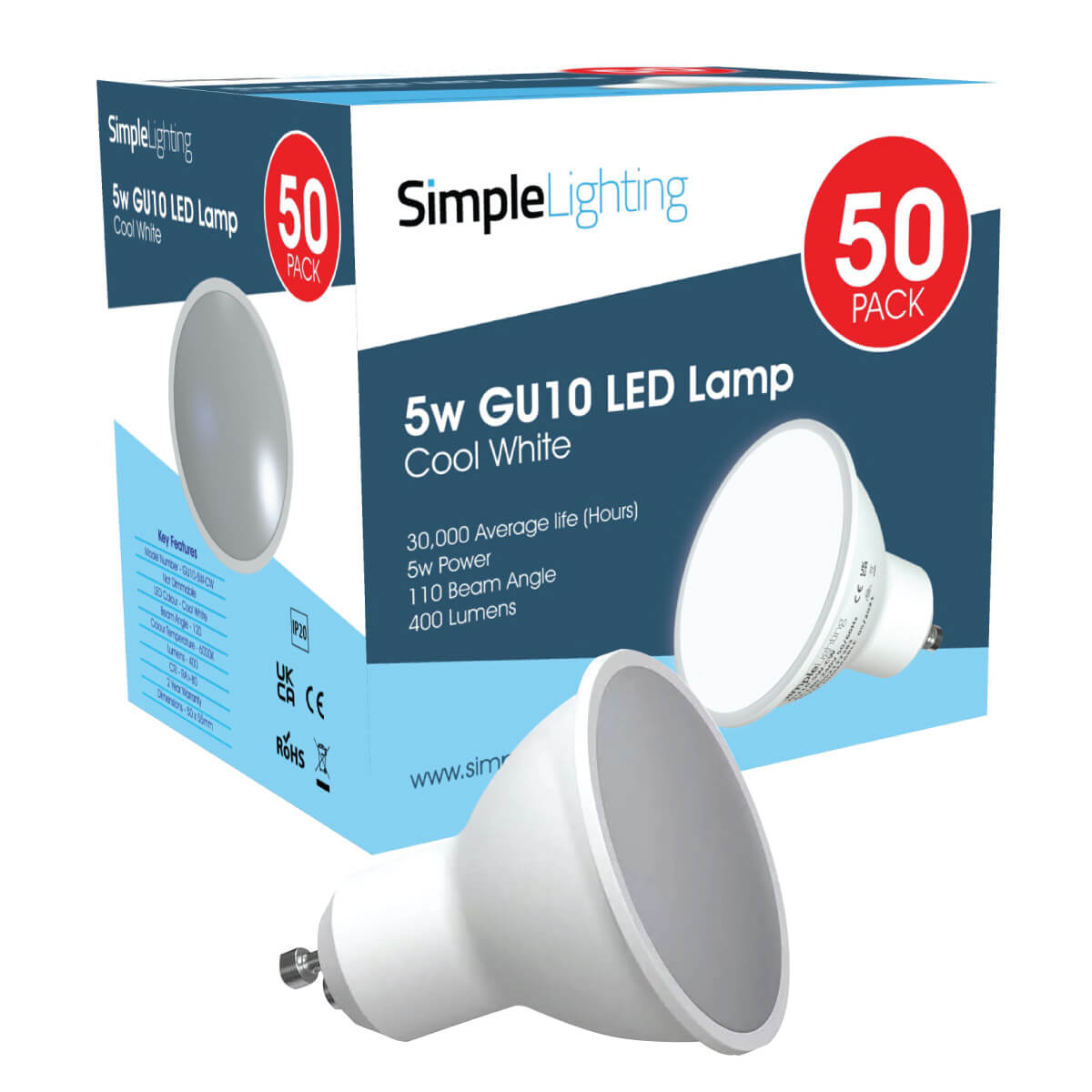 50 x GU10 LED Bulbs Featuring 400 Lumens & 2 Year Warranty