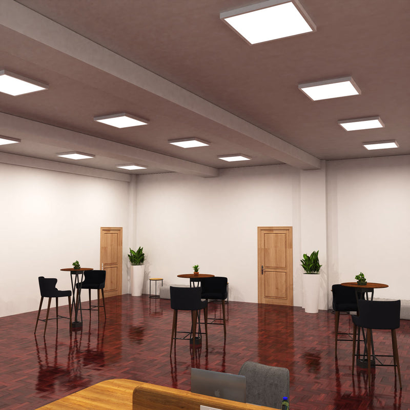 side shot of an office with mounted natural white LED panels