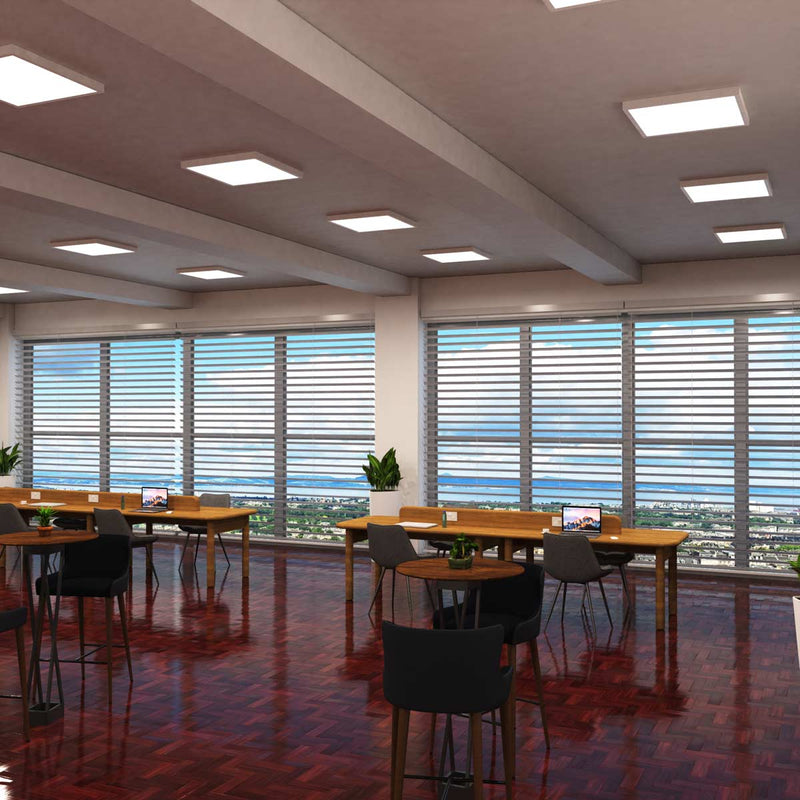 side long shot of an office with mounted natural white LED panels