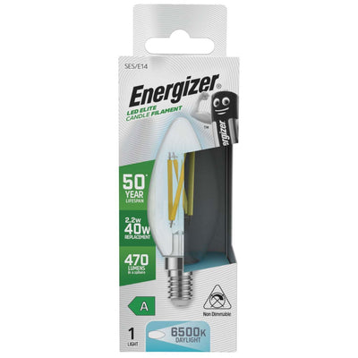 E14, 2.2w LED Candle Bulb, A Rated Filament Style - 6500K Cool White Energizer