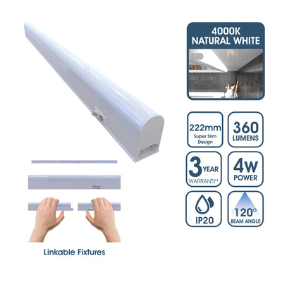 222mm, Linkable LED Ultraslim Under Cabinet Light Fitting - Natural White