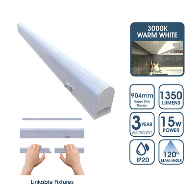 904mm, Linkable LED Ultraslim Under Cabinet Light Fitting - Warm White