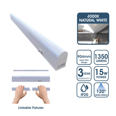 904mm, Linkable LED Ultraslim Under Cabinet Light Fitting - Natural White