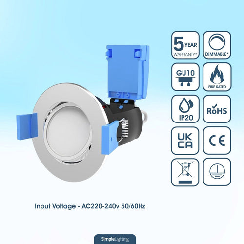 chrome LED downlight with tech specs