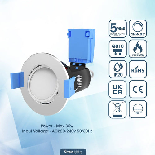 chrome LED downlight with tech specs