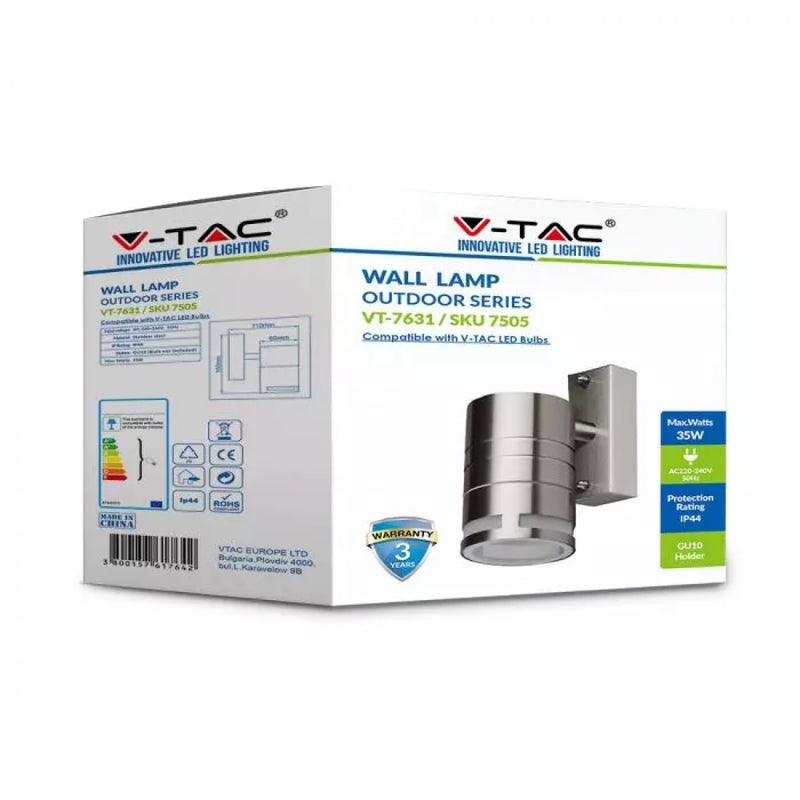 VTAC GU10 Wall Light Fitting, Stainless Steel, IP44 Boxed