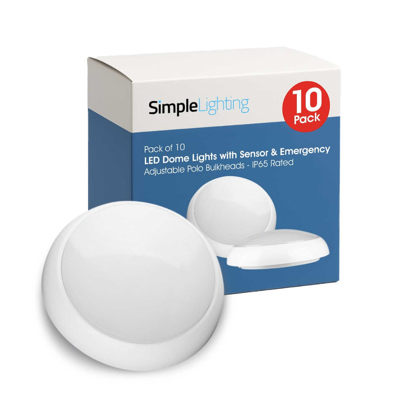 Pack of 10 LED Dome Lights with Sensor & Emergency – Adjustable IP65 Polo Bulkheads