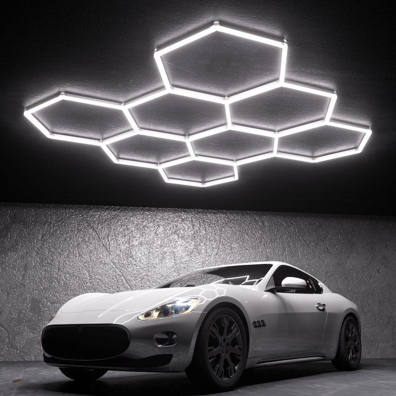 8 x Hexagon LED Light Kit - Cool White, White Finish (Hovering Over White Sports Car)