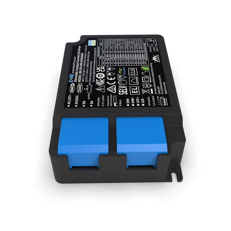 Simple Lighting - BOKE 61W LED Driver - An LED driver with blue connector covers.